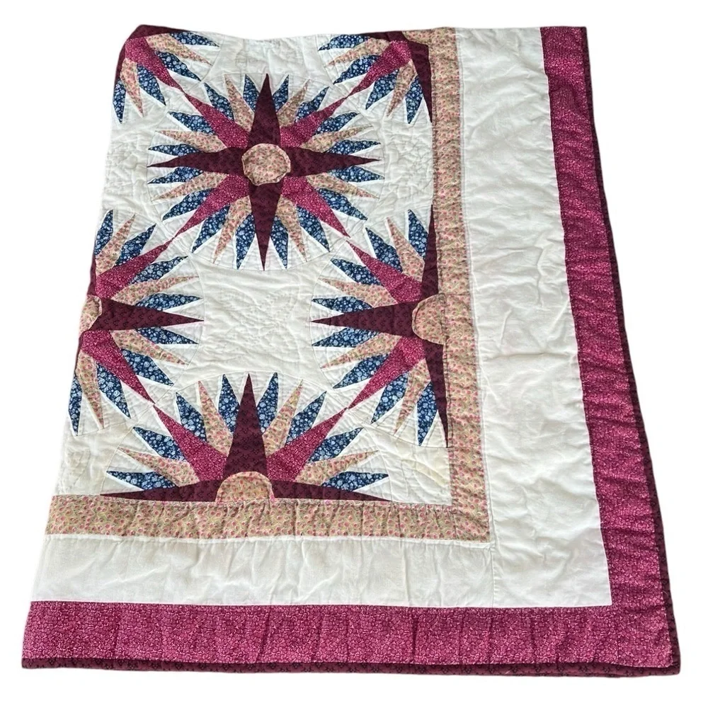 VTG Sunham Slashed Star Quilt Prairie Cottage Calico Floral Hand Quilted 65x81